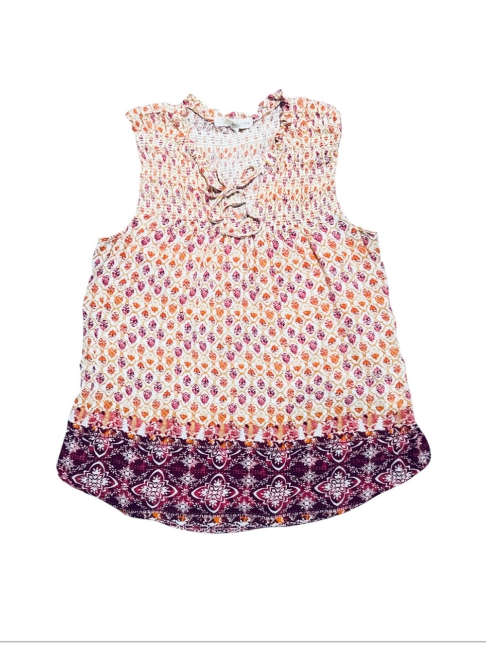 Rewind Boho Smocked Sleeveless Tank Top Floral Tie Neck Stretchy Size XL